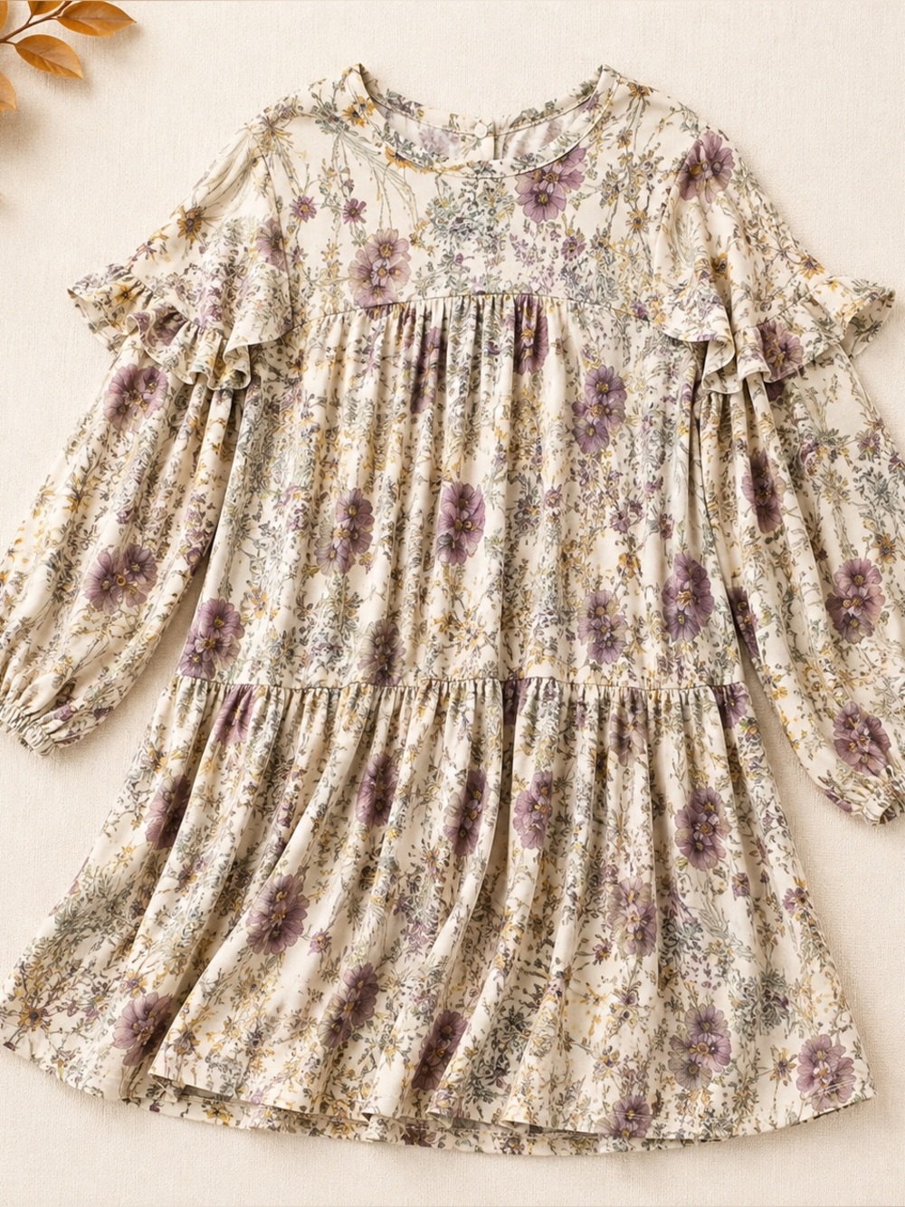 a.n.a Floral Tiered Dress XL Cream Purple Boho Cottagecore autumn wedding guest